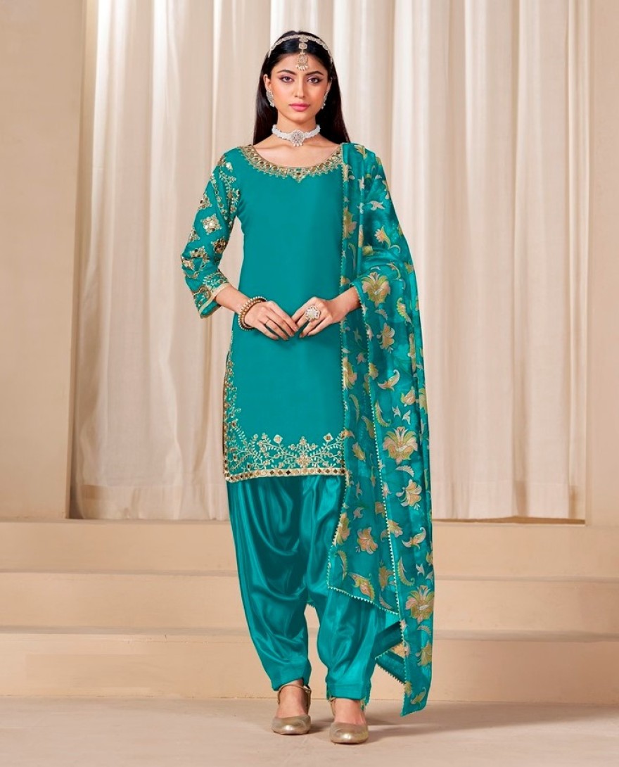 225-blue - Mirror Work Teal Embroidered Punjabi Suit